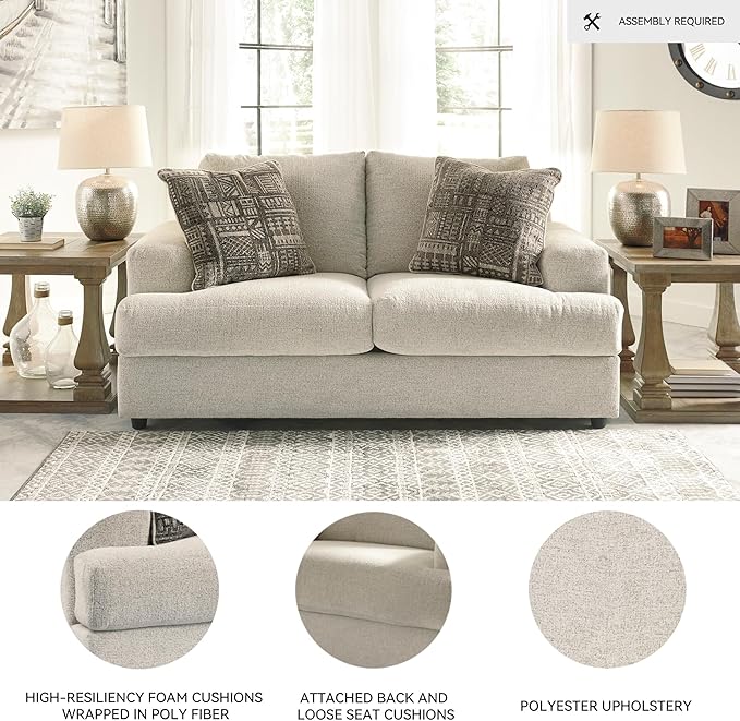 Signature Design by Ashley Soletren Contemporary Chenille Loveseat with 2 Accent Pillows, Off-White