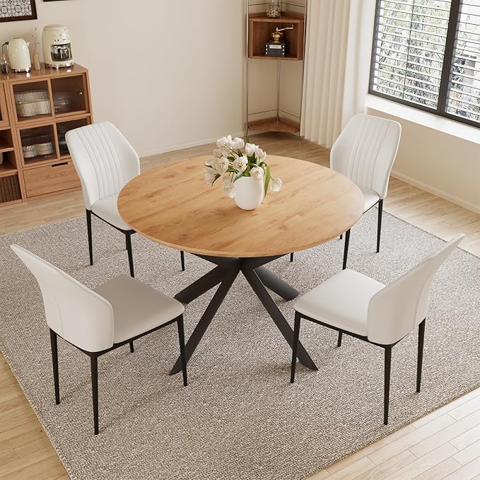 43.2"-59.1" Extendable Round Dining Table Set, Round Table for 4-6 Person with Scratch-Resistant Thickened MDF Board, Oak Coffee Table w/Metal Legs