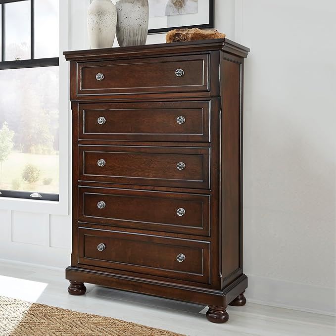 Signature Design by Ashley Porter Traditional 5 Drawer Chest of Drawers, Dark Brown