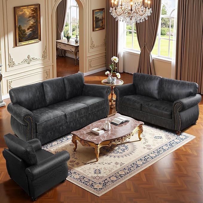 Living Room Furniture Sets,Sofa Sets and Couch Sets for Living Room,Mid-Century Vintage Sofa Couches with Rivet Design (Grey, Single+Loveseat+3 Seater)