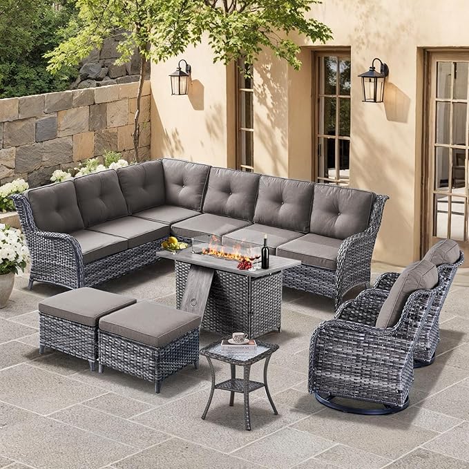 HUMMUH 8 Pieces Outdoor Patio Furniture Set with Fire Pit,L-Shaped Modular Sectional Couches with Swivel Patio Chairs,Wicker Conversation Set for Deck,Backyard,Porch,Garden