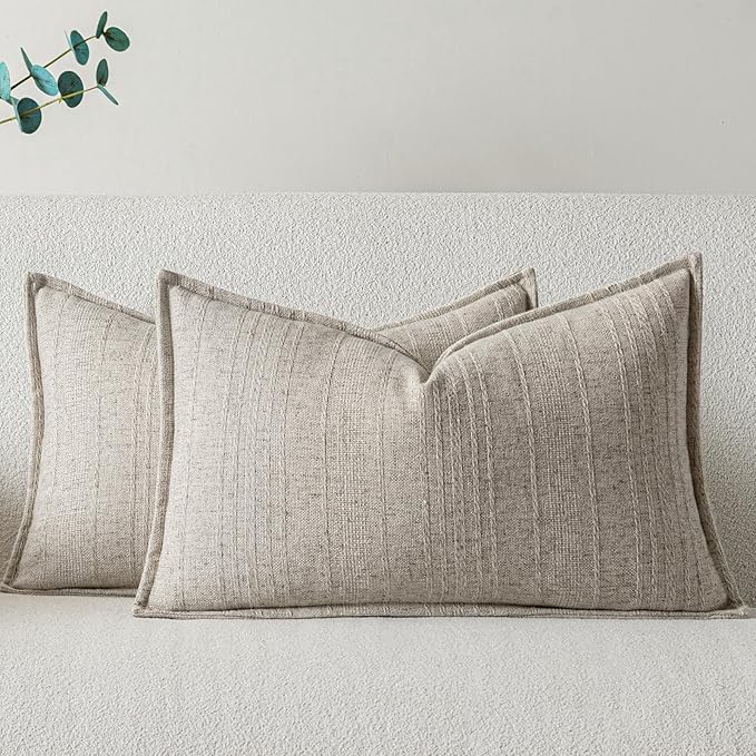 a moment Linen Pillow Covers Set of 2,Boho Farmhouse Throw Pillowcases Neutral Textured Decorative Covers for Couch Sofa Bed, Soft Linen Blend Accent Case Cushion Living Room Home Decor 20"x12"Khaki