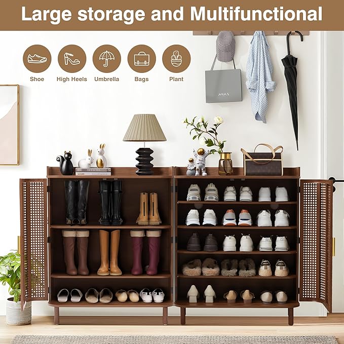 ORRD Shoe Cabinet, 5 Tier Boho Wooden Shoe Storage Organizer Cabinet with Adjustable Shelves, Shoes Rack with Iron Rattan Curved Doors Accent Cabinet for Entryway Hallway Living Room, Walnut