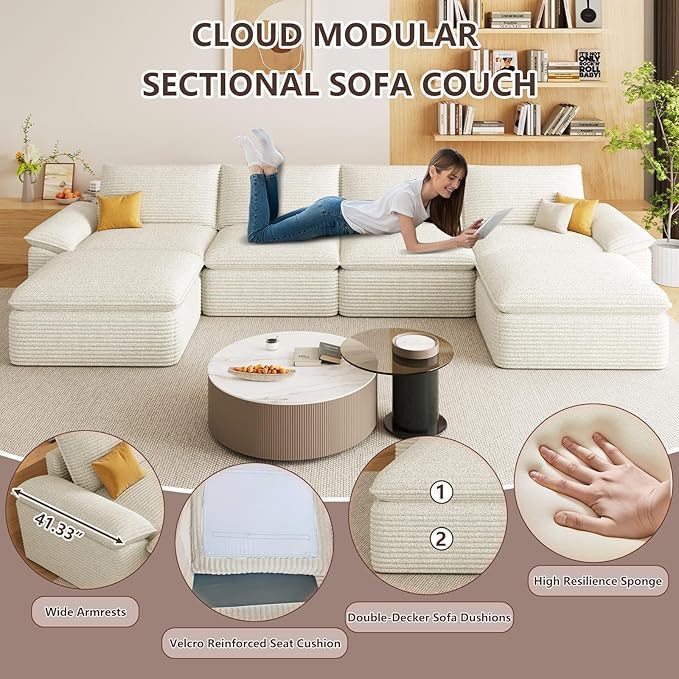 141.74" Sectional Couches for Living Room Modern Modular Sofa with U-Shape Couchs Upholstered Corduroy Boneless Couch Deep Seat Cloud Couch with Ottoman, No Assembly Required, White