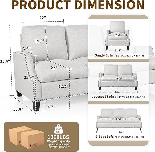 3 Piece 6-Seater Living Room Sofa Set, Modern Upholstered 3-Seater Sofa, Loveseat & Armchair, Handmade Nailhead Trim, Ergonomic Deep-Seat Couch for Living Room, Bedroom, Apartment, Beige