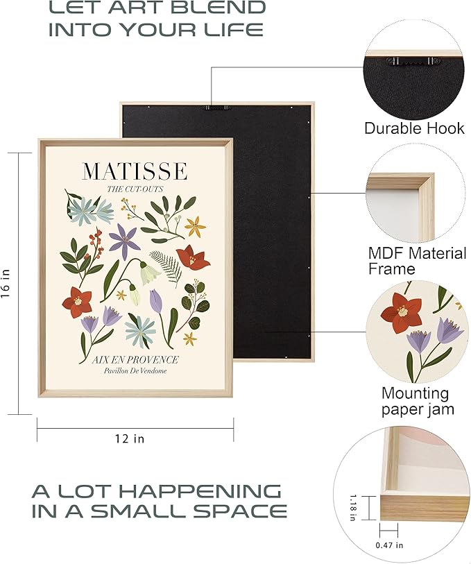 Framed Matisse Canvas Wall Art for Bedroom,Abstract Matisse Canvas Wall Decor,Minimalist Classic Decor Aesthetic,12x16IN Wood High Framed Design Posters for Living Room,Bathroom Set of 3