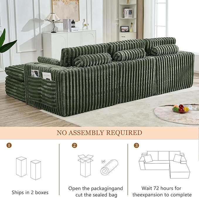 114" Cloud Boneless Sectional Couches for Living Room, Modular Sectional Sofa with Cup Holder, Cozy Fluffy L Shaped Deep Seat Boneless Couch with Storage Pocket, No Assembly Required, Green