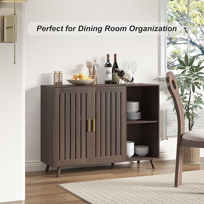 Sideboard Storage Cabinet, 47.2" W Farmhouse Buffet Cabinet with Louvered Doors & Adjustable Shelf, Wood Coffee Bar Storage Station for Kitchen, Dining Room, Living Room, Entryway, Walnut Color