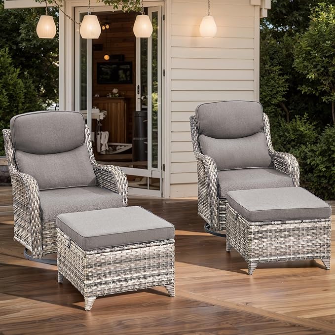HUMMUH Wicker Patio Furniture High Back Swivel Rocker Patio Chairs Outdoor Bistro Set with Ottomans Side Table for Porch Garden Deck