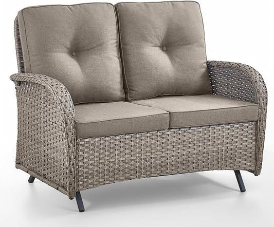 HUMMUH 2-Person Outdoor Glider Bench-All-Weather Wicker Patio Double Swing Rocking Chair Patio Loveseat for Deck Lawn Porch Balcony Poolside-Grey/Grey