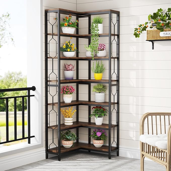 Tribesigns Corner Shelf, 7-Tier Industrial Corner Bookshelf, Wood and Metal Etagere Bookcase, Freestanding Display Shelf for Living Room, Kitchen, Home Office, Rustic Brown