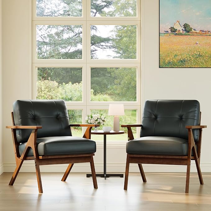 STHOUYN Black Leather Office Accent Chair Set of 2, Office Lounge Chair with Wooden Arms, Mid Century Modern Chair, Side Arm Chairs for Living Room, Comfy Guest Waiting Room Chairs (2, Black)