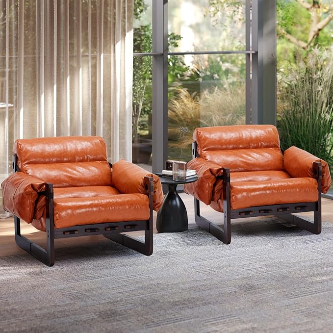 Furnilivng Modern Lounge Accent Chair, Comfortable Oil Waxed Leather Arm Chair with Sturdy Wood Frame, Upholstered Cozy Sofa Chair for Living Room, Bedroom, Dressing Room, Home Office, Retro Orange