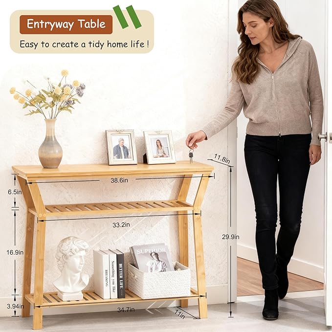Nnewvante 38.6" Console Table, Bamboo Entryway Table with 3-Tier Storage Shelves, Narrow Sofa Table, Display Table for Entrance, Hallway, Living Room, Foyer