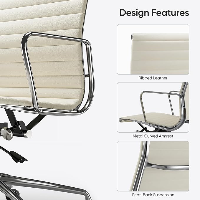 Ribbed Office Chair with Top Grain Leather - High Back Ergonomic Desk Chair with Aluminum Arms & Frame, Swivel Wheels & Tilt Function, Adjustable Height