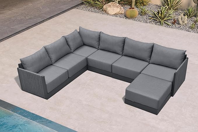 PURPLE LEAF 7 Pieces Patio Conversation Sets with Ottoman All Weather Outdoor Couch Sectional Set with Cushion Patio Conversation Set for Garden Poolside Backyard Gray
