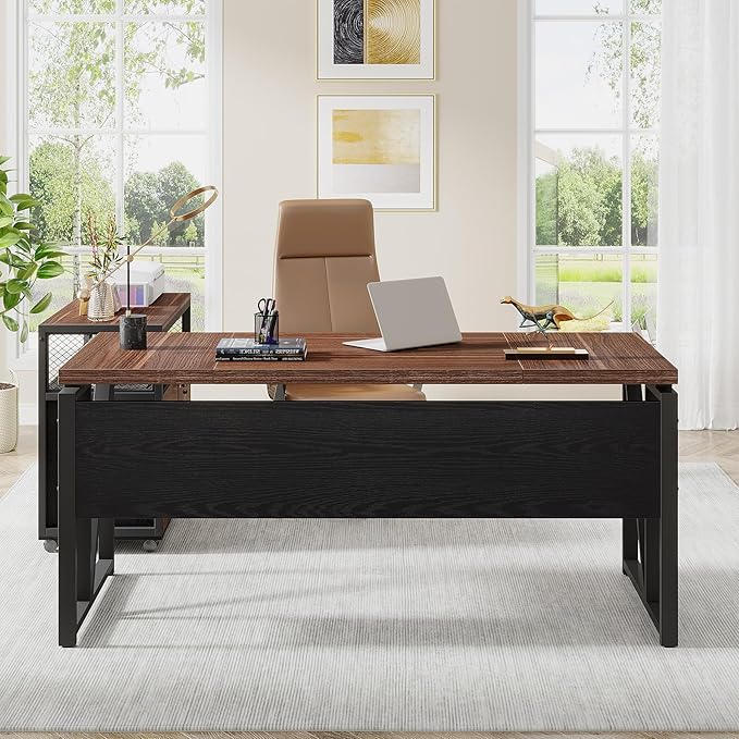 Tribesigns L Shaped Desk with Drawer Cabinet, 63" Executive Computer Desk and lateral File Cabinet, 2 Piece Home Office Furniture with Drawers for Hanging, Doors with Locks (Dark Brown, 63 inches)