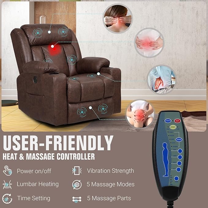 LEVELEVE Retro Rocking Recliner Chair, Massage Rocker Recliner Chair with Vibration Massage and Heat, USB and Type-C Ports,360° Swivel Chairs,Living Room, Bedroom, Nursery, RV, Brown