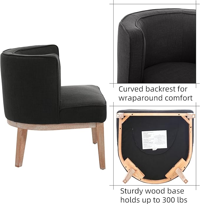 Accent Arm Chair with Wood Legs, Comfy Barrel Side Chair Linen Upholstered Reading Chairs with Back for Living Room Bedroom, Charcoal