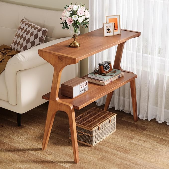 Tribesigns Set of 2 Narrow Side Table, 2-Tier Solid Wood End Table with Storage, Modern Couch Side Table for Living Room, Slim Bedside Table for Bedroom, Small Spaces, Walnut