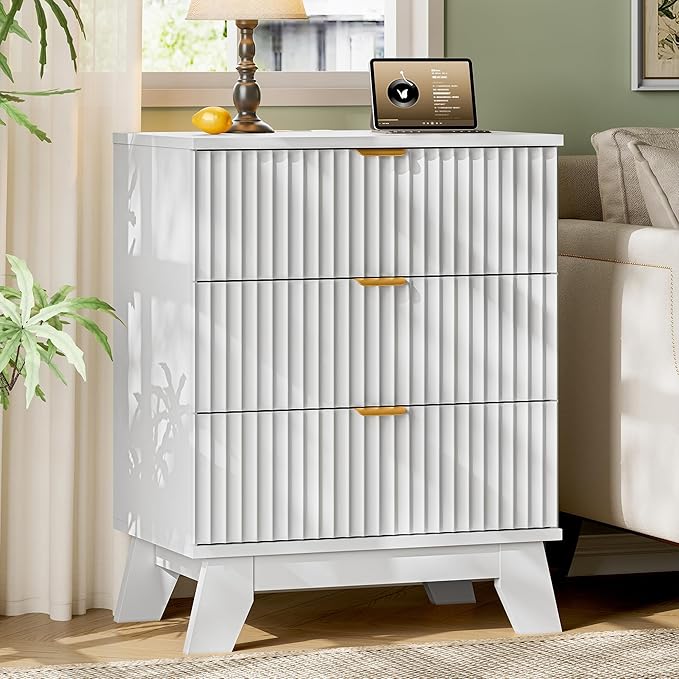 Fluted Nightstand with Charging Station, 24" Wide Bedside Table with 3 Large Storage Drawers, Modern Wood Side Table Night Stand, End Table Small Dresser for Bedroom, Living Room, Dorm, White