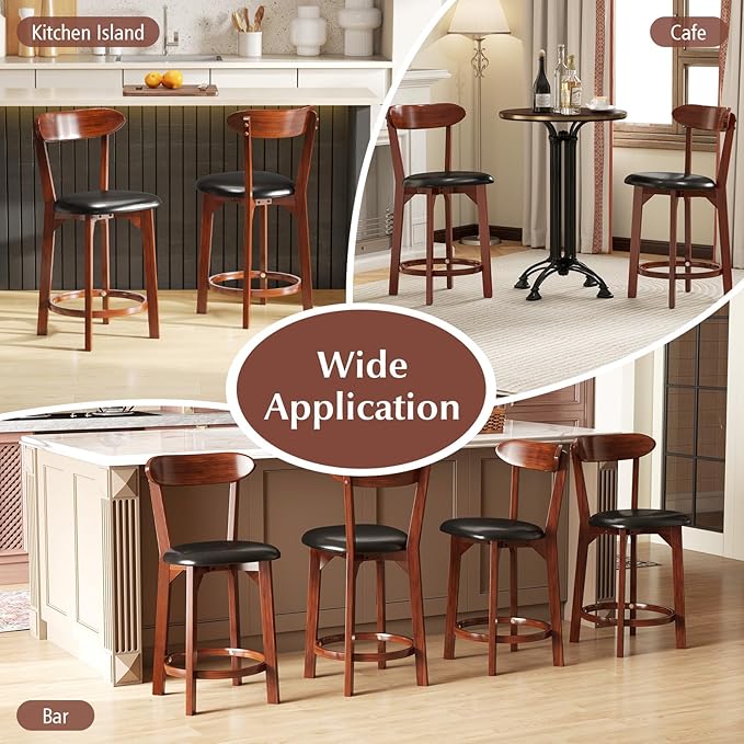COSTWAY Bar Stool Set of 4, 23.5'' Counter Height Barstools w/Curved Backrest, Faux Leather Cushion & Rubber Wood Frame, Mid Century Modern Island Chairs for Kitchen Bar Cafe, Walnut
