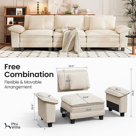 PHI VILLA Modern Modular Couches Sets, 123.6" Cloud Sectional Sofa with Upholstered Deep Seat, 3-Seater Couch for Living Room Small Spaces, Corduroy Fabric, Beige