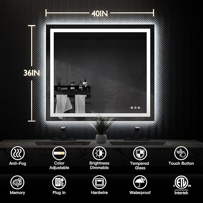 ISKM 40'' x 36'' LED Mirror for Bathroom Lighted Vanity Mirror for Wall Front Lights + Backlit LED Bathroom Mirror Anti-Fog Tempered Glass ETL Listed