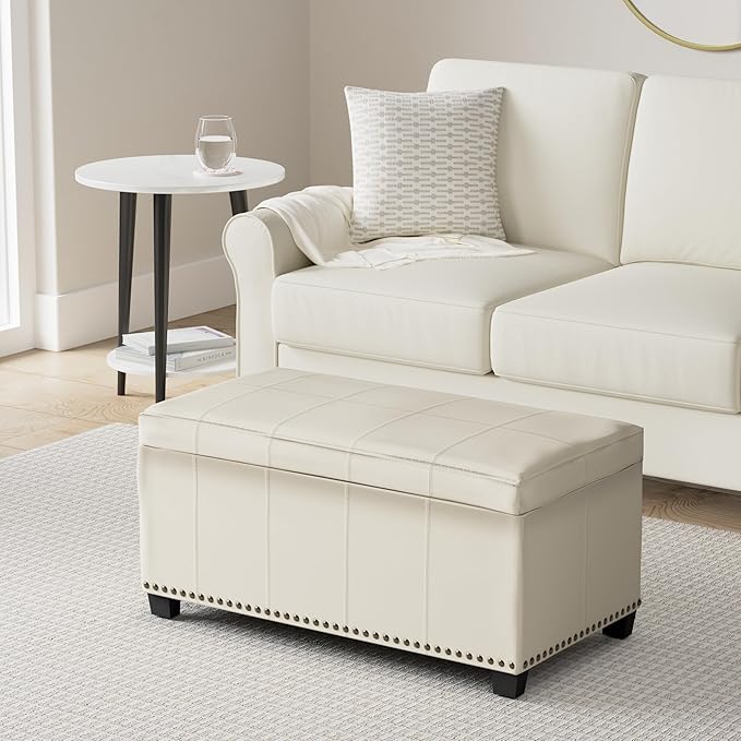 SIMPLIHOME Amelia 33 inch Wide Transitional Rectangle Storage Ottoman Bench in Satin Cream Vegan Faux Leather, Assembled, For the Living Room, Entryway and Family Room