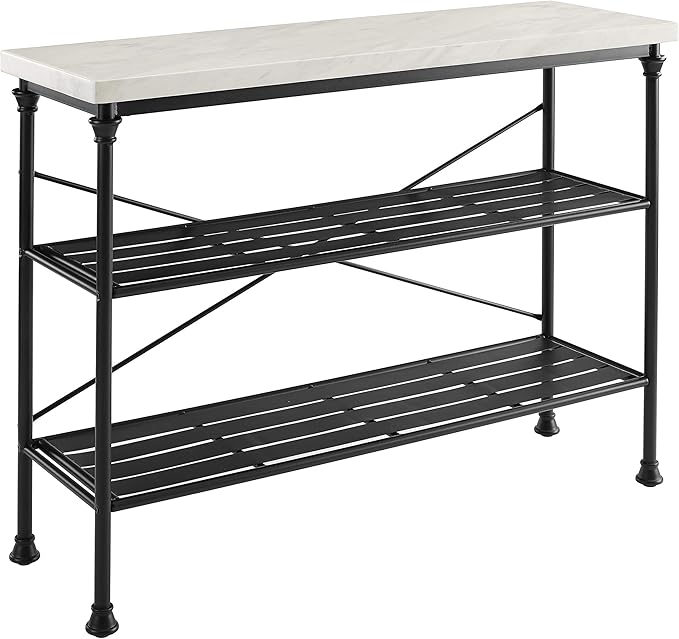 Crosley Furniture Madeleine Sofa Console Table with Storage Shelves for Hall, Entryway, or Living Room, Steel with Faux Marble Top
