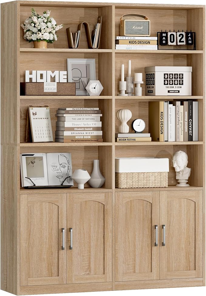 FACBOTALL Bookshelf and Bookcase with Doors, 6 Tier Double Wide Large Bookshelves, Open Display Shelves, 73'' Tall Bookshelf with Storage Cabinets for Home Office, Living Room, Library, Oak