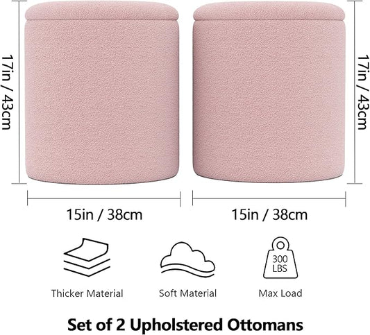 Ottoman Poufs with Storage, Set of 2 Soft Upholstered Vanity Stool,Multifunctional Ottomans Coffee Table Padded Seat Foot Rest for Living(Pink, Pack of 2)