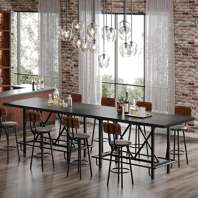Tribesigns Bar Table, Industrial Counter Height Pub Table with Metal Footrest, 63-Inch Rectangle Wood Kitchen Dining Table with Sturdy Metal Frame for Dining Room, Home Bar (Black)