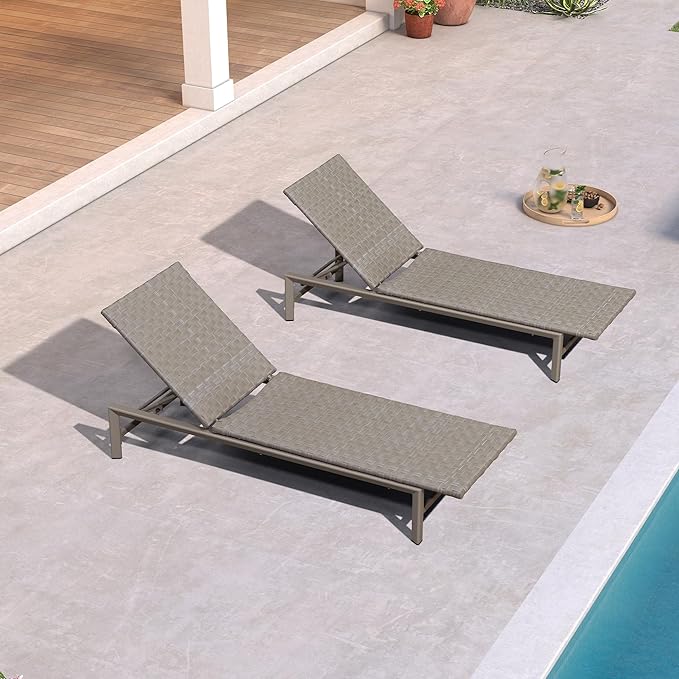 PURPLE LEAF Patio Oversized Chaise Lounge Rattan Chair Set of 2 Outdoor Pool Adjustable Recliner Wicker Chairs for Outside Woven Furniture Tanning Poolside Lounger Slate Gray