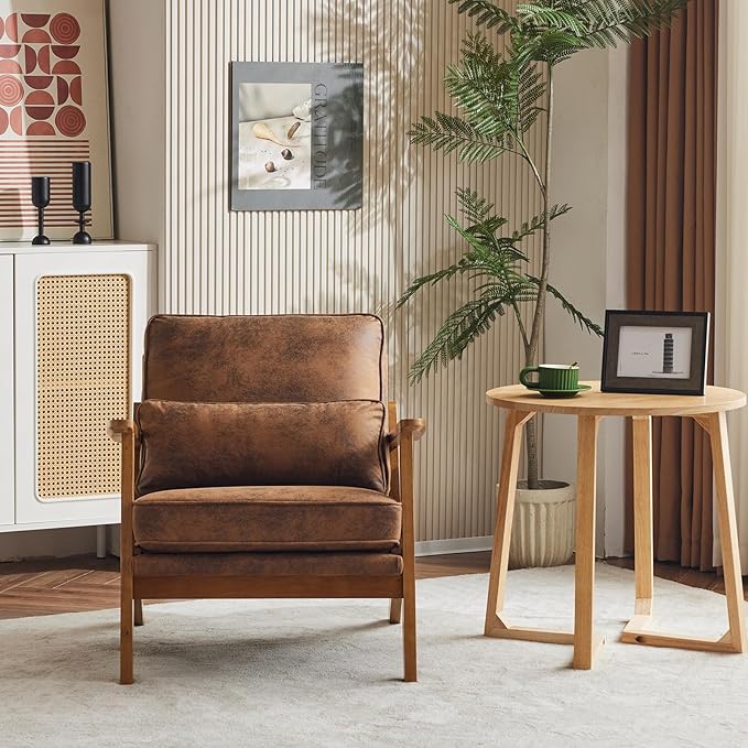 Karl home Accent Chair Wide Armrest Mid-Century Lounge Chair Bronzing Cloth Armchair with Lumbar Pillow & Solid Wood Frame for Living Room, Bedroom, Balcony, Brown