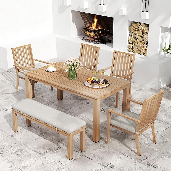 Wisteria Lane Aluminum 6 Pieces Patio Dining Sets, Outdoor Dining Table with 4 Chairs and Bench, Outdoor Patio Dining Furniture Set with Removable Cushion for Lawn, Garden, Backyard, Brown