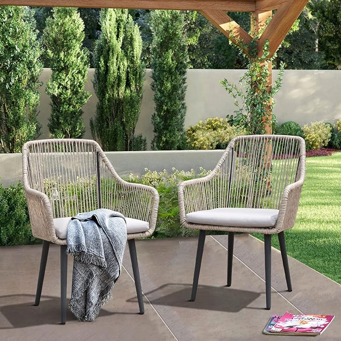 JOIVI Patio Chairs Set of 2, 2 Pieces Rattan Rope Material Outdoor Dining Chairs with Armrest and Seat Cushions for Outside Porch or Indoor Kitchen, Restaurant, Tan