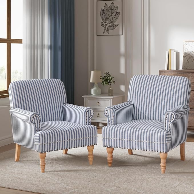 HUIMO Linen Fabric Accent Chairs Set of 2, Mid-Century Modern Armchair with Solid Wood Legs, Single Sofa Chair,Upholstered Reading Club Chair (2, Dark Blue and White Stripe)