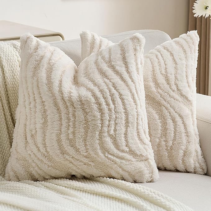 FUTEI Cream Decorative Throw Pillow Covers 24x24 Inch Set of 2,Soft Faux Fur Geometric Shapes Texture European Cushion Case,Boho Home Decor for Couch Bed Living Room