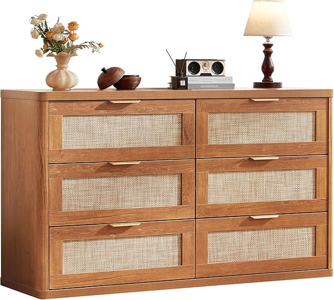 LEYAOYAO Rattan 6 Drawer Dresser for Bedroom, 54" Wide Boho Chest of Drawers, Wooden Dressers TV Stand with Metal Handle, Storage Closet Organizer for Living Room, Hallway, Tea Brown