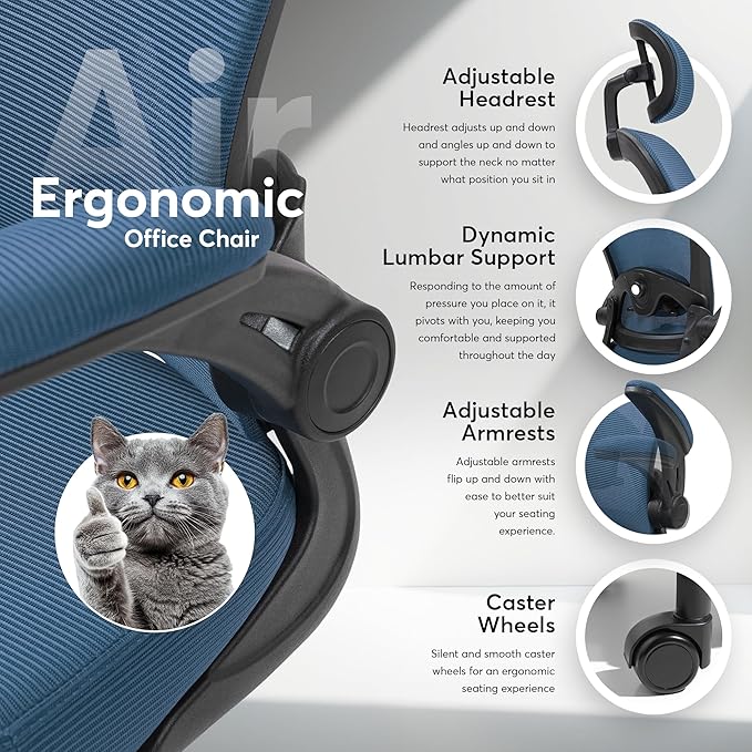 Oline ErgoAir Ergonomic Office Chair – Adjustable Lumbar Support, Flip-Up Armrests, Mesh Computer Desk Chair, Swivel Rolling Executive Gaming Chair for Home & Office (Navy Blue)