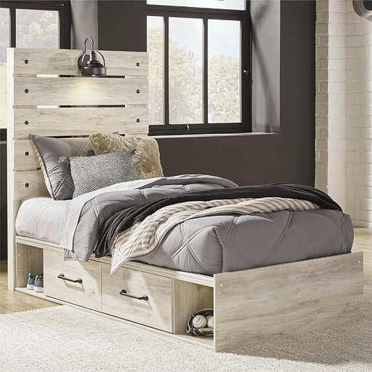 Signature Design by Ashley Cambeck Farmhouse Twin Panel Platform Bed with 4 Storage Drawers, Cubbies, Sconce Light and USB Ports, Foundation or Box Spring Not Needed, Whitewash