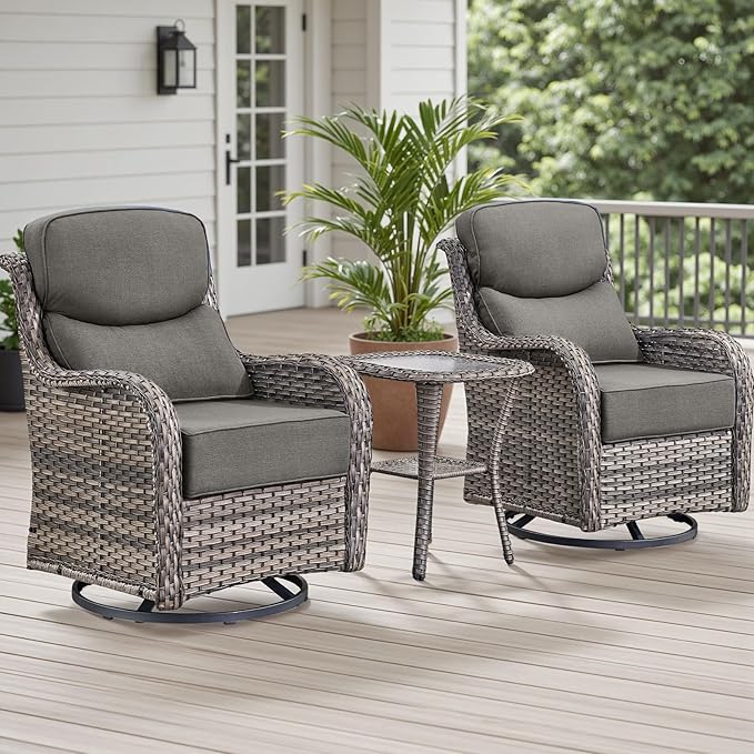 Rilyson Outdoor Patio Swivel Rocker Chairs Set of 2, Waterproof Wicker, High Back, Deep Seating, Wide Armrest, Upgraded 6 inch Thick Cushions, Side Table, Ideal for Deck Porch Yard, Mixed Grey-Grey