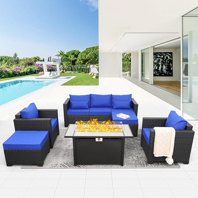 Rattaner Outdoor Patio Furniture 60000 BTU Outdoor Propane Fire Pit Table Patio Furniture Set 45" Outdoor Fire Pits 6 Pieces Patio Sofa Outdoor Chairs Anti-Slip Cushions Waterproof Covers, Royal Blue