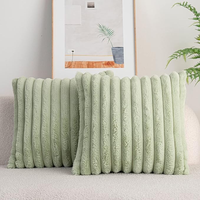 DEELAND Pack of 2,Double-Sided Faux Fur Plush Decorative Throw Pillow Covers Fuzzy Striped Soft Pillowcase Cushion Covers for Sofa Couch Bedroom Green 18x18 inch