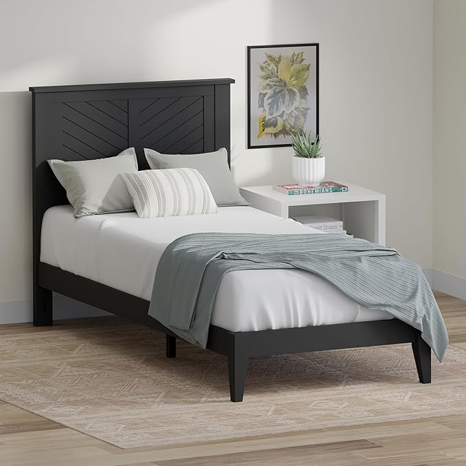 Serene Farmhouse Style Wood Bed in Twin Size with Chevron Scoring Headboard, Coastal Modern Design, Sturdy, Easy Assembly, Ample Underbed Storage, Black Finish