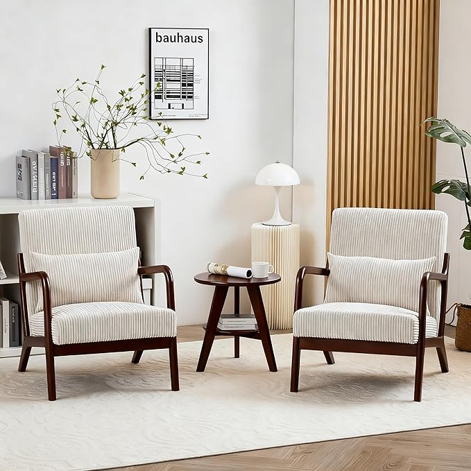 Accent Chairs, Set of 2 Mid-Century Modern Chair with Pillow, Armchair with Solid Wood, Reading Relaxing Leisure Chair for Living Room(White)