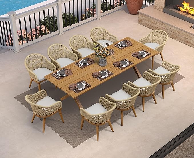 PURPLE LEAF 11 Pieces Patio Dining Set with Outdoor Aluminium Dining Table and Woven Chairs Modern Metal Furniture Cushions Sets for Garden Yard Indoor Decor Kitchen Teak