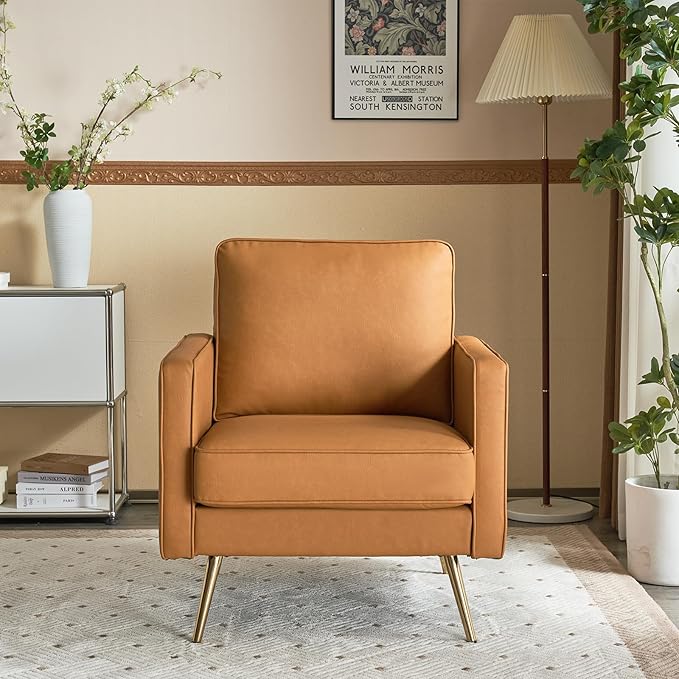 VINGLI Living Room Chairs Set of 2, Brown PU Leather Accent Chair Mid Century Modern Upholstered Sofa Chairs with Arms, Gold Legs for Living Room, Bedroom, Apartment