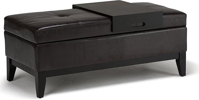 SIMPLIHOME Oregon 42 inch Wide Contemporary Rectangle Storage Ottoman Bench with Tray in Tanners Brown Vegan Faux Leather, Assembled, For the Living Room, Entryway and Family Room